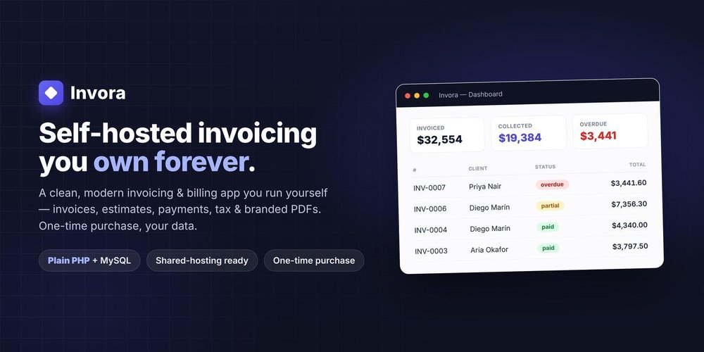 Invora — self-hosted invoicing you own forever. Invoices, estimates, payments, tax and branded   PDFs, running on plain PHP and MySQL on hosting you already pay for.