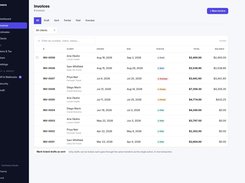 Every invoice in one filterable list — draft, sent, partial, paid and overdue — with issue and   due dates, total and outstanding balance per row. Tick the drafts and mark them sent in a single   transaction.