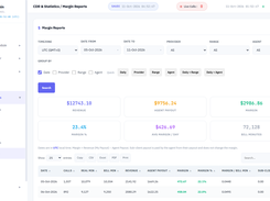 CDR & Statistics Margin Reports screen with date and provider filters, revenue, payout, margin, bill-minute summary cards, and a daily results table.