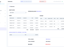 Statements page showing an agent selector, opening balance, usage and payment tables, total usage, total payment, and balance.