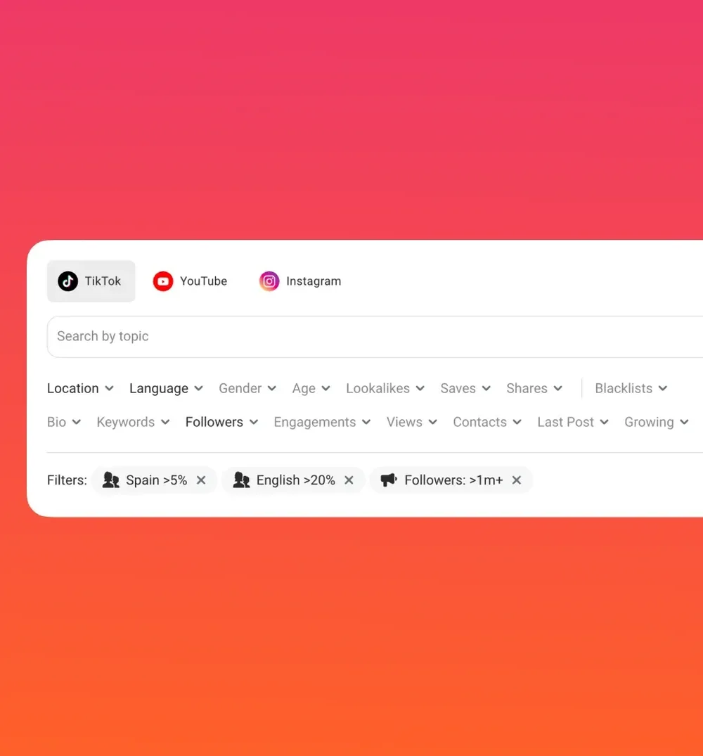 Influencer-search filter interface with TikTok, YouTube, and Instagram tabs, a topic search field, filter menus, and selected audience filters.