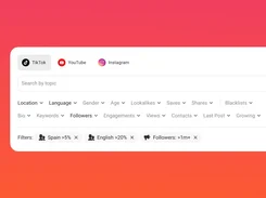Influencer-search filter interface with TikTok, YouTube, and Instagram tabs, a topic search field, filter menus, and selected audience filters.