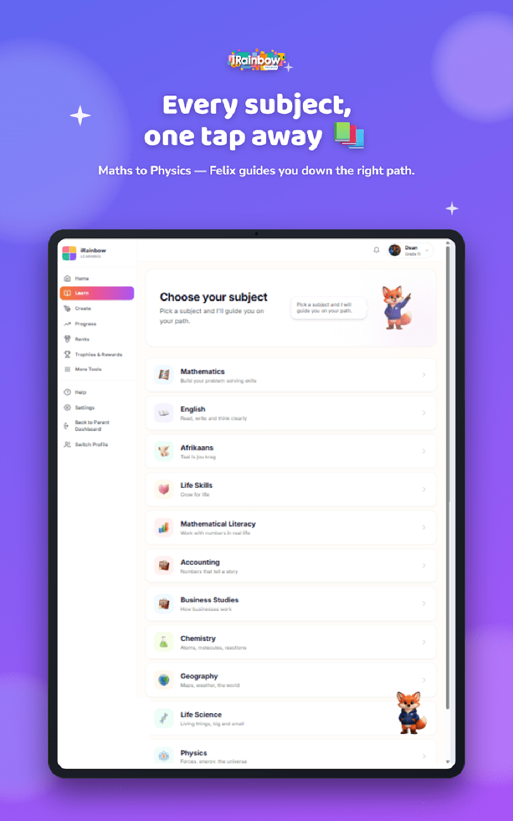 Learners pick from 11+ CAPS- and IEB-aligned subjects — Mathematics, English, Afrikaans, Physics, Chemistry, and more — in one scrollable list. Felix the AI tutor prompts the next step, so students move from subject choice to guided lessons without hesitation.