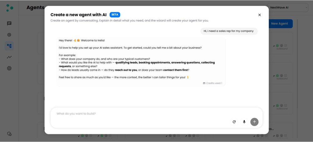 Irelia modal titled “Create a new agent with AI,” with a conversational prompt for creating a sales assistant.