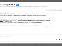 Irelia modal titled “Create a new agent with AI,” with a conversational prompt for creating a sales assistant.