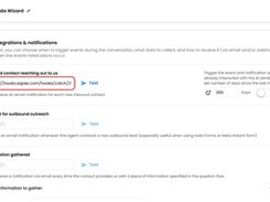 Irelia agent settings page for events, integrations, and notifications, with webhook URL fields, email-notification toggles, and event triggers.