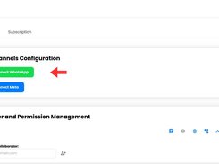 Irelia Settings page showing buttons to connect WhatsApp and Meta channels and a user and permission management section.