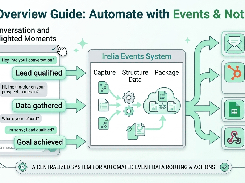 Diagram titled “Automate with Events & Notifications,” showing conversation milestones routed through the Irelia Events System to email, CRM, Google Sheets, and webhook integrations.