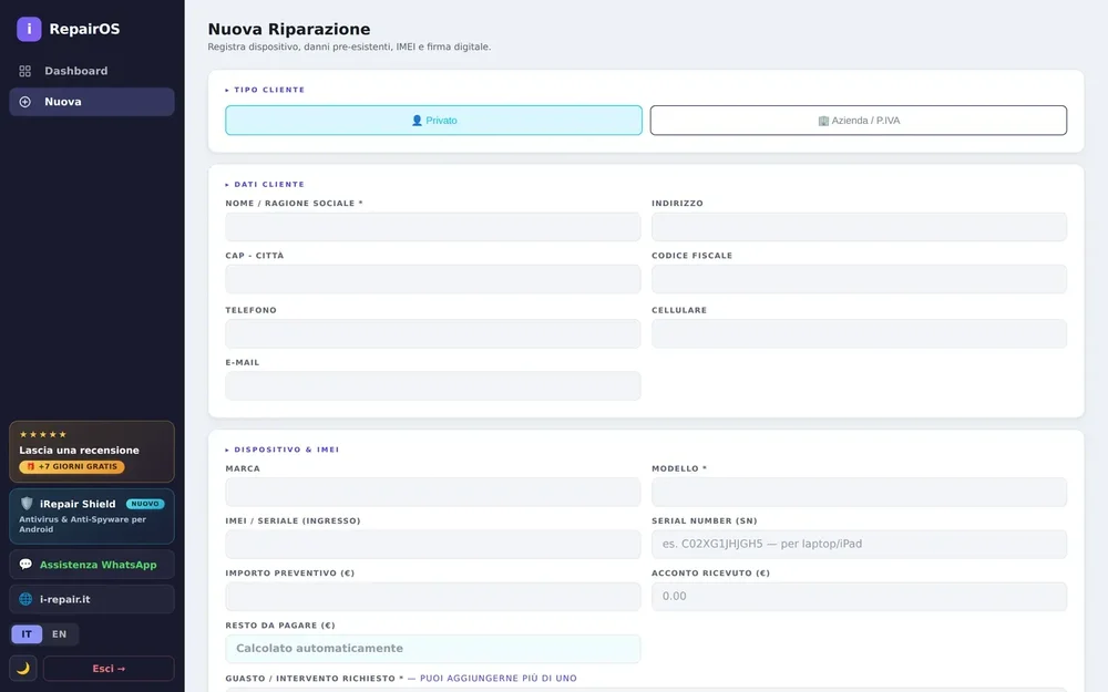 iRepairOS new-repair form with customer, device, IMEI, estimate, and payment fields.
