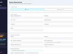 iRepairOS new-repair form with customer, device, IMEI, estimate, and payment fields.