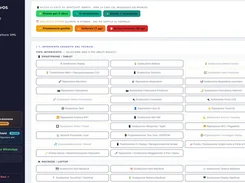iRepairOS repair-service selection screen with WhatsApp notification buttons and selectable smartphone, tablet, and laptop interventions.