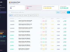 iRepairOS parts-inventory screen showing stock totals, inventory values, categories, and replacement-part rows.