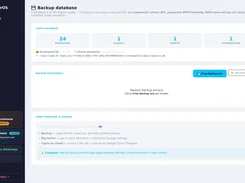 iRepairOS database-backup page showing database totals, backup controls, status information, and backup instructions.