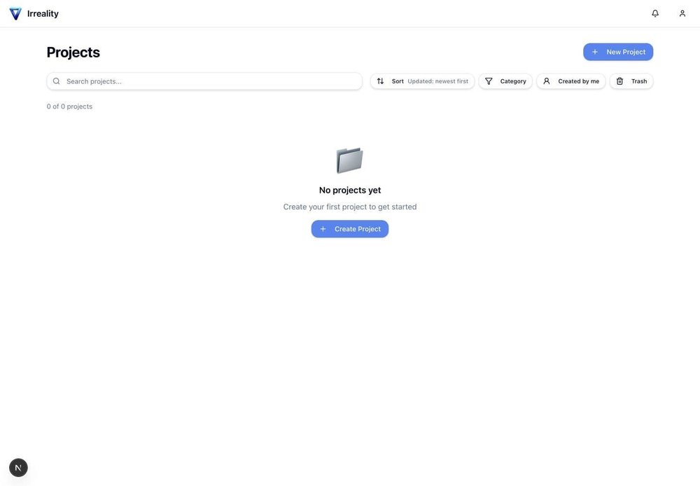 Irreality Projects page with search, filters, and options to create a new project.