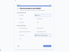 Irreality onboarding screen for selecting a production role and goals.