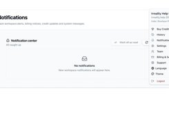 Irreality notification center with workspace account menu open.
