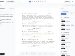 Screenplay editor with scene navigator, script text, and character and location assets.