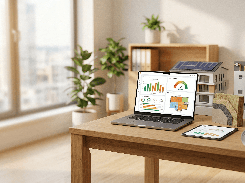 A laptop and tablet display an energy-management dashboard with charts, a gauge, and a colored floor-plan panel beside a model house with solar panels and inspection equipment.