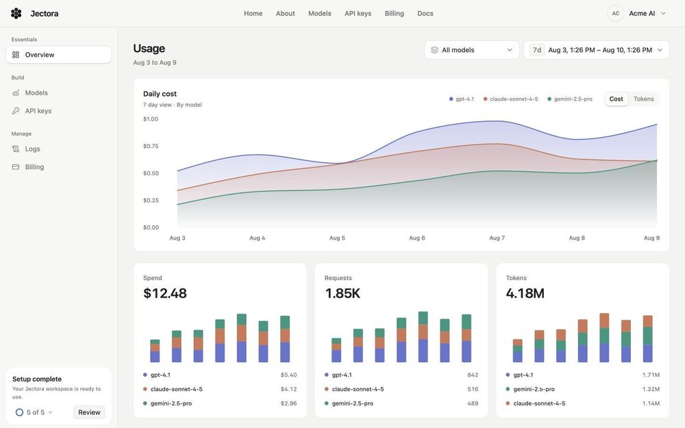Jectora Usage dashboard showing a daily-cost chart by model and summary cards for spend, requests, and tokens.
