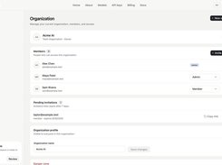 Jectora Organization page showing organization details, member roles, pending invitation controls, and organization-profile settings.