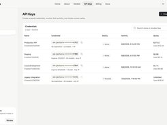 Jectora API Keys page listing four masked credentials with status, activity timestamps, quota, and usage details.