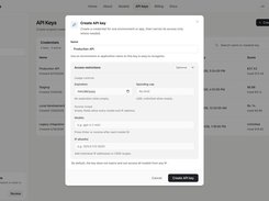 Jectora Create API key modal with fields for key name, expiration, spending cap, model restrictions, and IP allowlist.