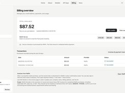 Jectora Billing overview showing available balance, credit top-up options, transaction history, and invoice-management links.