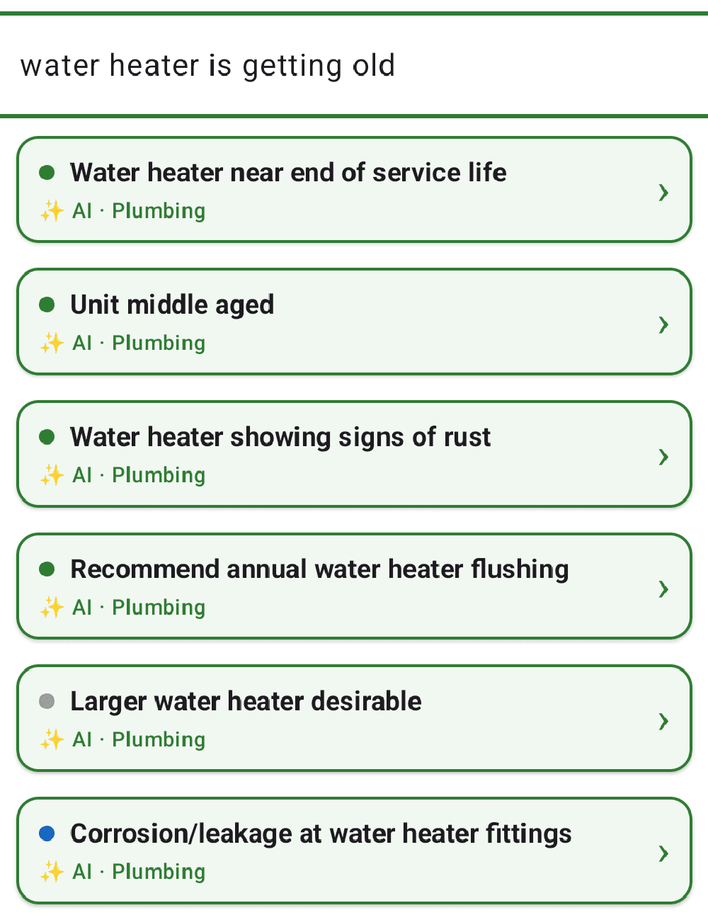 Mobile interface displaying AI plumbing observation suggestions for the typed phrase “water heater is getting old.”