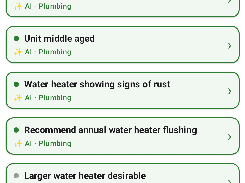 Mobile interface displaying AI plumbing observation suggestions for the typed phrase “water heater is getting old.”