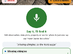 Mobile app screen showing a roof photo with damaged shingles, a prompt to circle a defect, and voice-driven AI observation suggestions.