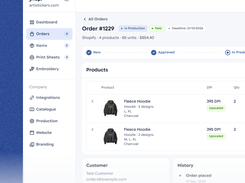 Jifup order-detail page for order, with production status, T-shirt and hoodie line items, customer panel, and order-history panel.