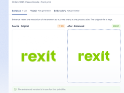 Artwork tools dialog showing original and enhanced artwork side by side, with 99 DPI and 395 DPI labels and enhancement status.