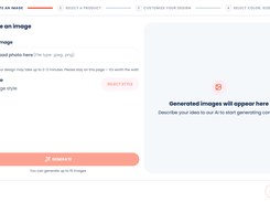Image-generation workflow at step 1, with photo upload, image-style selection, Generate button, and a blank generated-images panel.