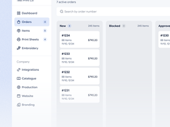 Jifup Orders page showing seven active orders, a search field, and kanban-style columns for New, Blocked, and Approved orders.