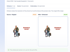Artwork tools dialog showing original and enhanced artwork side by side, with 99 DPI and 395 DPI labels and enhancement status.
