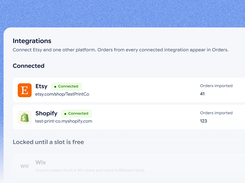 Integrations page showing connected Etsy and Shopify stores, imported-order counts, and a locked Wix integration.