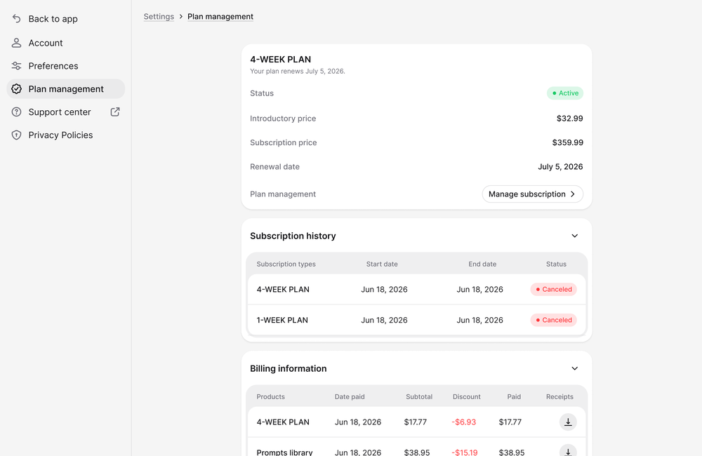 Settings page showing plan status, subscription history, and billing information.