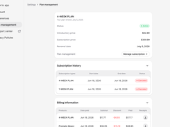 Settings page showing plan status, subscription history, and billing information.