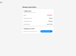 Manage subscription page for a cancelled four-week plan with renewal option.