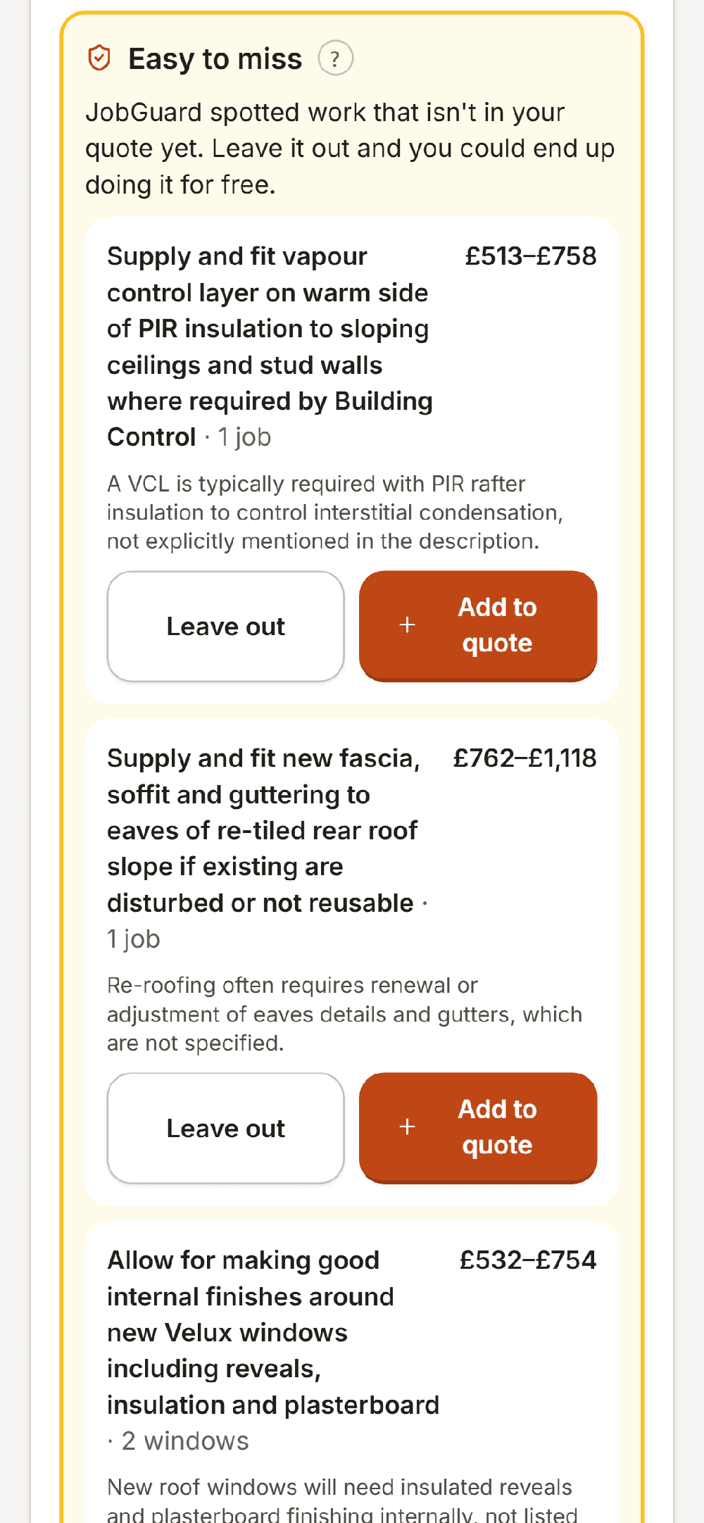 Mobile JobGuard screen headed “Easy to miss,” listing suggested roofing work items, price ranges, explanatory text, and Add to quote buttons.
