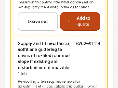 Mobile JobGuard screen headed “Easy to miss,” listing suggested roofing work items, price ranges, explanatory text, and Add to quote buttons.