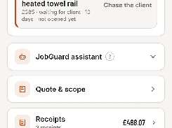 Mobile job dashboard section showing two client follow-up tasks and navigation cards for JobGuard assistant, quote and scope, receipts, client portal, weekly update, and sending an invoice.