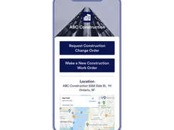 ABC Construction mobile app with change-order and work-order buttons and a location map.