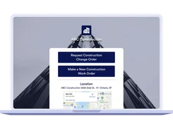 ABC Construction web app displayed in a laptop frame with service request buttons and a map.