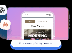 Mobile restaurant menu app mockup with Menu and Reservations tabs and AI service icons.