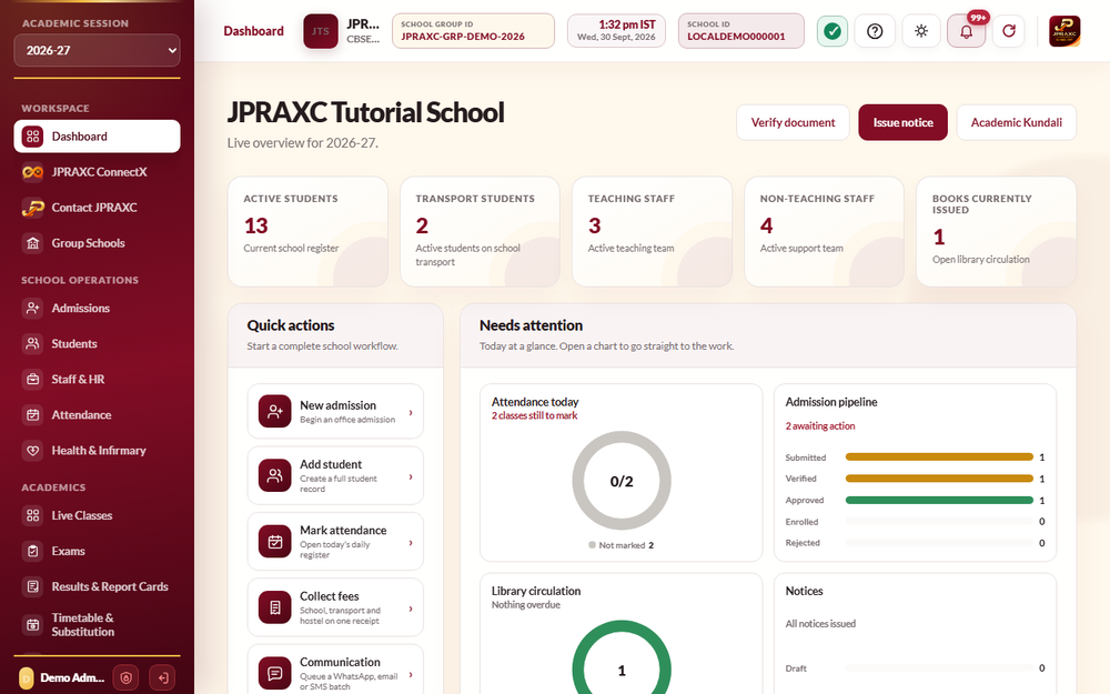 JPRAXC School ERP dashboard showing academic-session metrics, quick actions, attendance, admissions, library circulation, and notices panels.