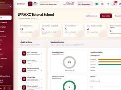 JPRAXC School ERP dashboard showing academic-session metrics, quick actions, attendance, admissions, library circulation, and notices panels.