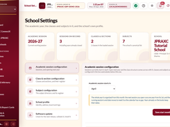 School Settings screen in JPRAXC School ERP showing academic-session, class and section, subject, school profile, and software-update configuration options.