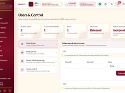 Users & Control screen showing school-user counts, roles, ERP login status, public portals, and a form for creating a role.