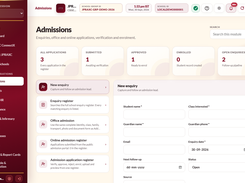 Admissions screen showing application and enquiry counts, admission workflow navigation, and a new-enquiry form with blank fields.